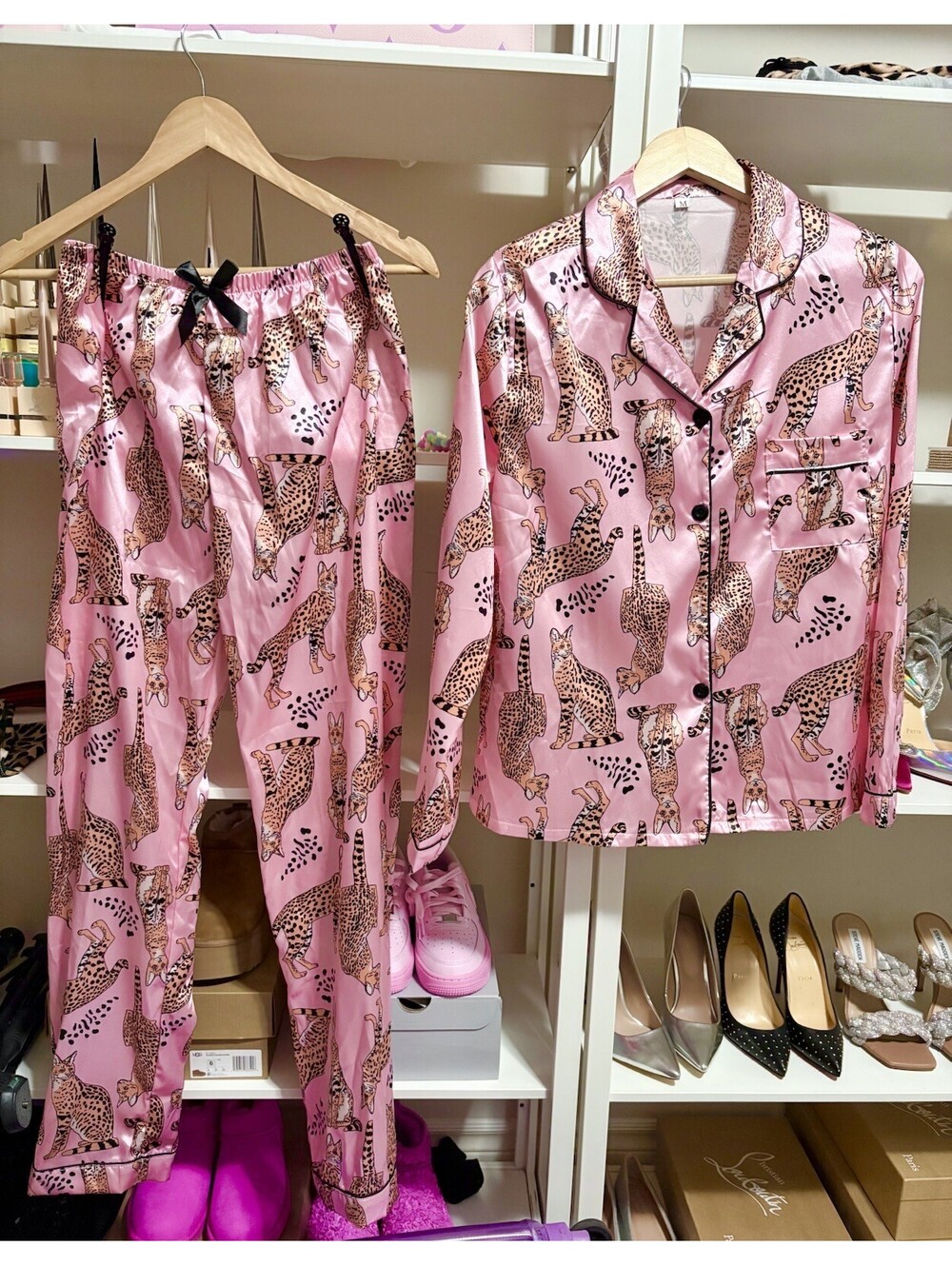 Pink Cheetah Savannah Cat Women’s Pajamas Set - Size Medium M